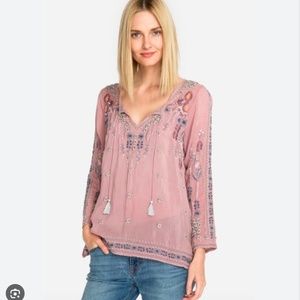 Johnny Was Santorini Embroidered Tie Neck Long Sleeve Blouse Boho - Sz Large